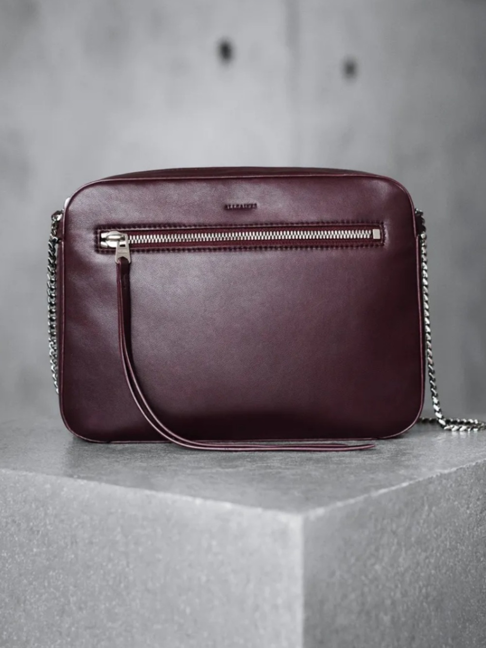 AllSaints Fleur de Lis lamb Leather Crossbody with Silver Chain